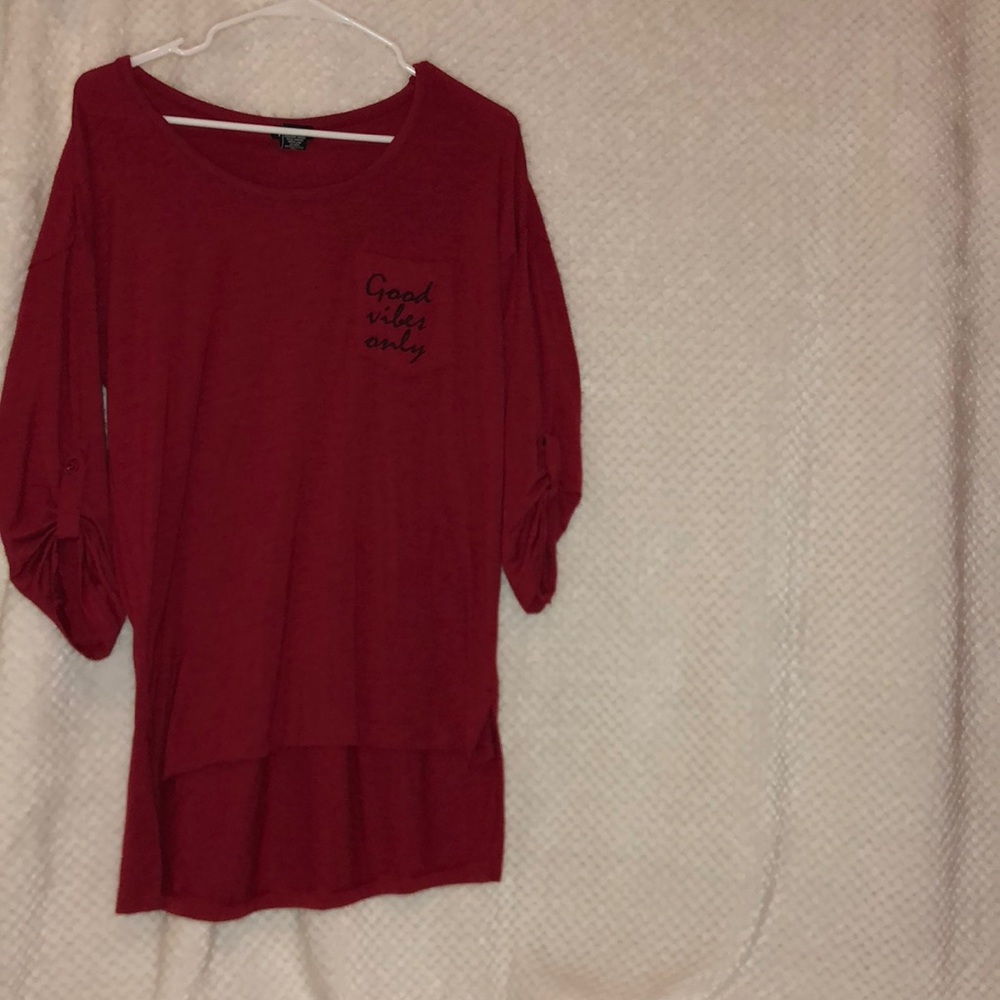 Dark red, long, good vibes only pocket shirt